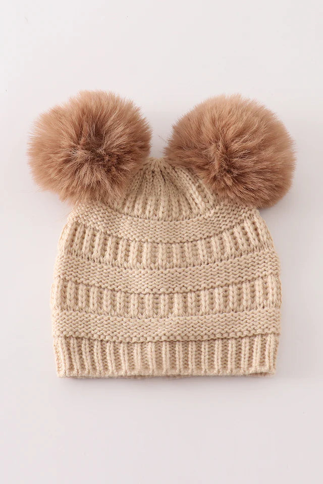 Double Pom Knitted Beanie- Beige