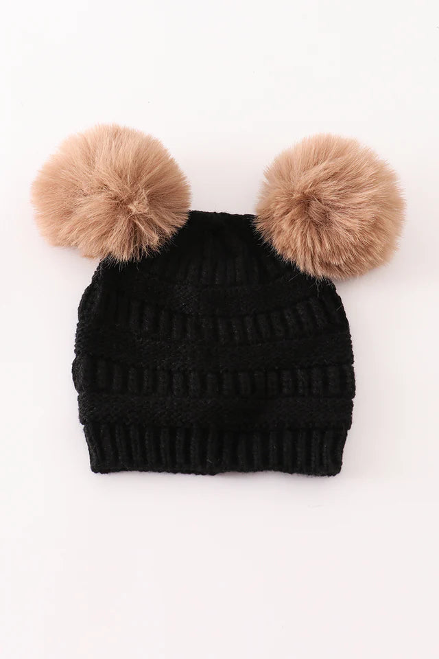 Double Pom Knitted Beanie- Black