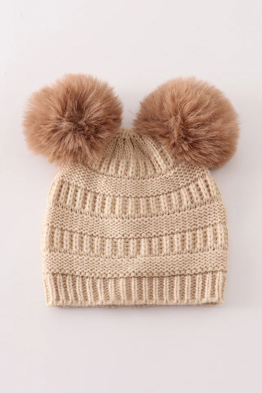Double Pom Knitted Beanie- Beige