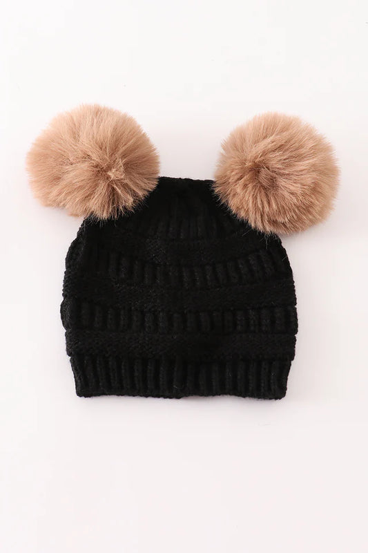 Double Pom Knitted Beanie- Black