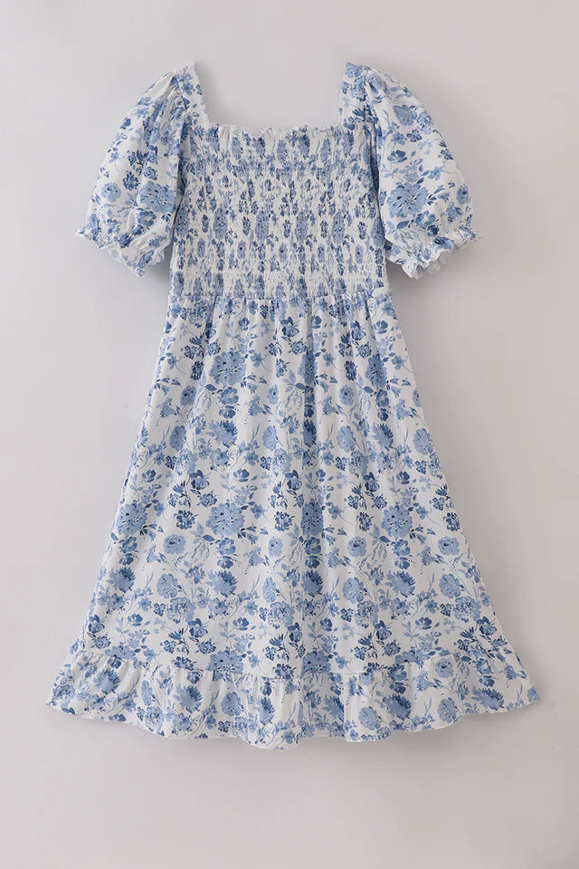 Blue Smocked Floral Dress