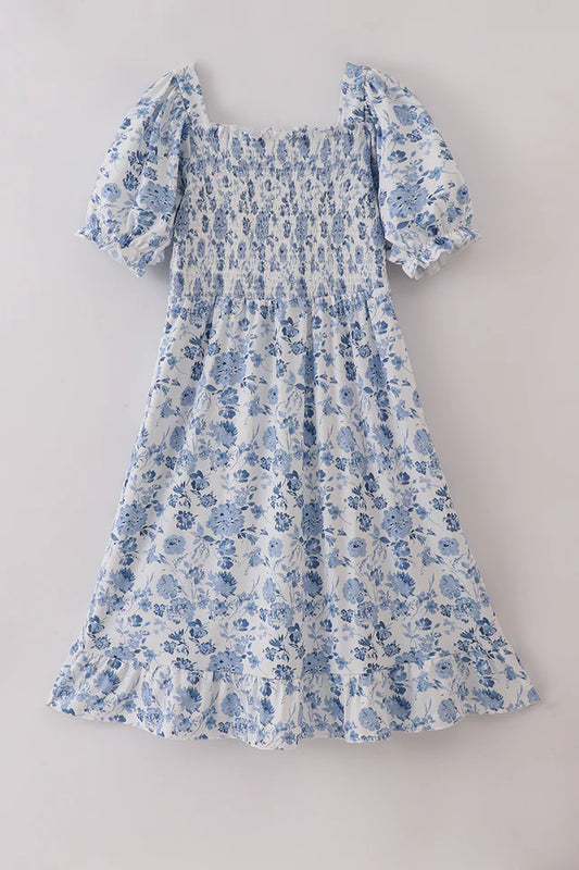Blue Smocked Floral Dress