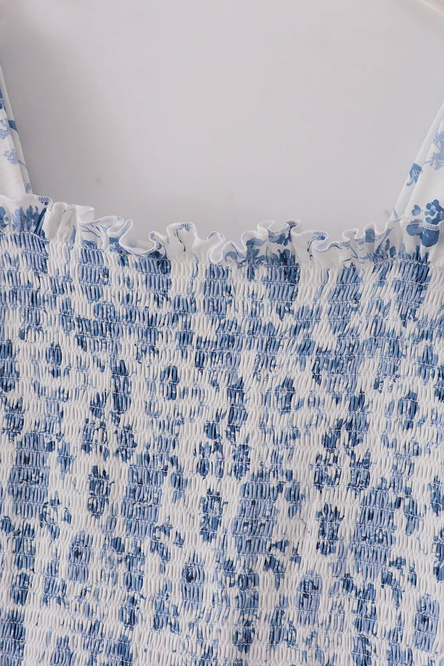 Blue Smocked Floral Dress