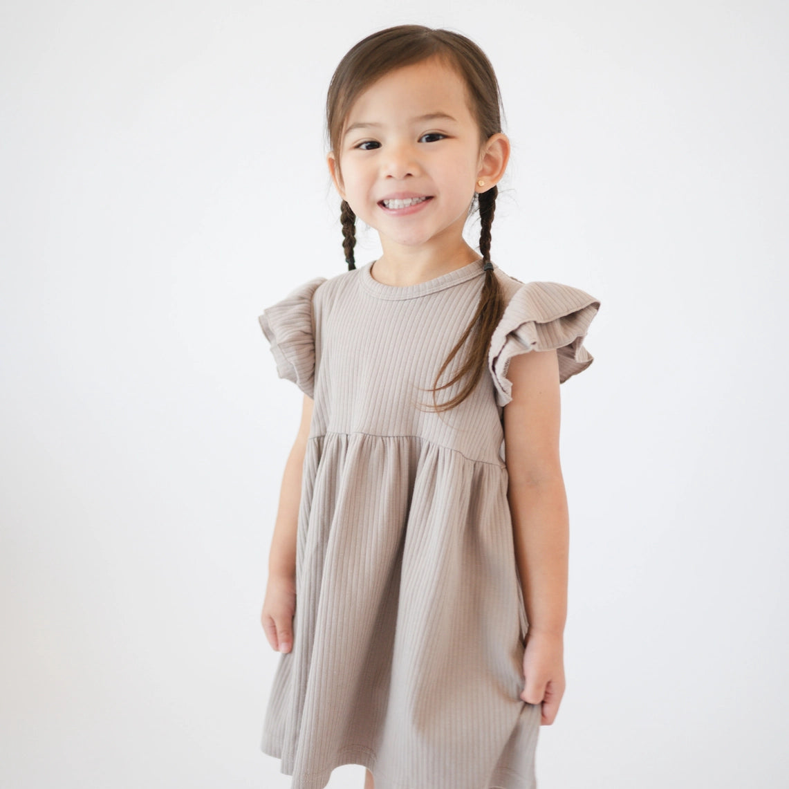 Ruffle Sleeve Dress- Mushroom