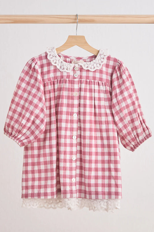 Gingham Lace Dress- Pink